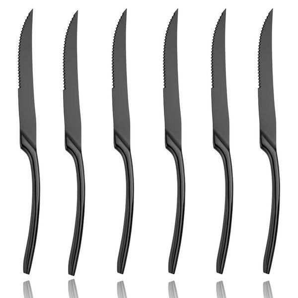 Lemeya 6 Pieces Black Steak Knives Set of 6,Stainless Steel Standing Steak Knife,Ultra-Sharp Serrated Steak Knives-10 Inch,Mirror Polished,Dishwasher Safe