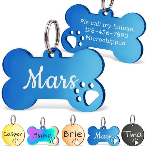 Anavia Paw Print Pet ID Tags, S/M/L Personalized Color Plated Stainless Steel Cat Dog Tags, Customized Engraved Glossy Dog Name Tag Pet Collar Tag (Blue, Bone-Large)