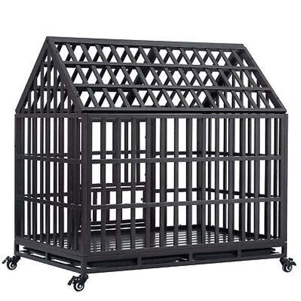 Heavy Duty Dog Crate with Roof Weatherproof Steel Pet Cage for Large Dogs