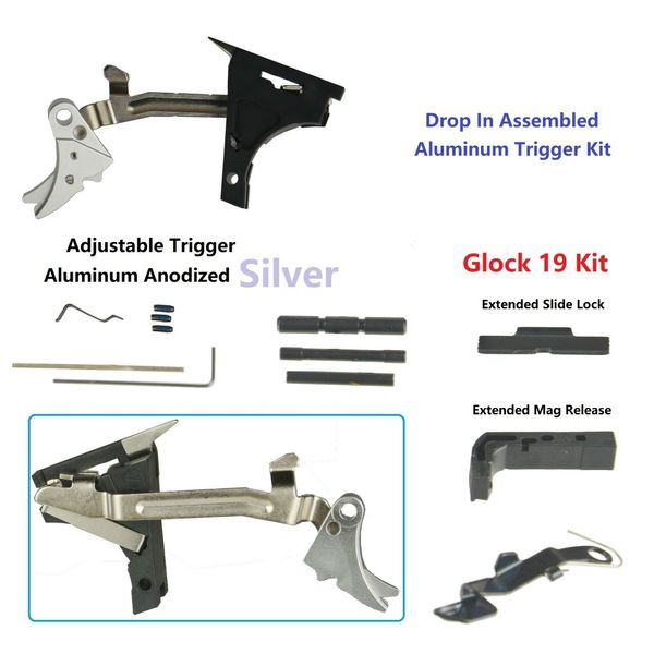 Lower Part Kit, Al Silver Adj Trigger N Extended Release & Slide Lock F Glock 19