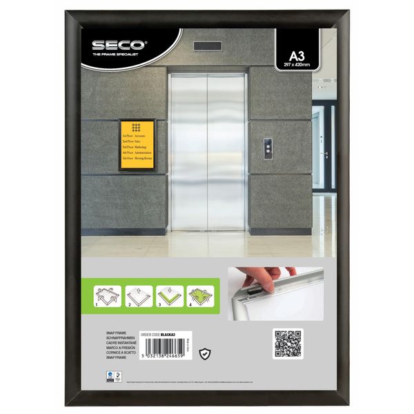 Stewart Superior A3 Aluminium 4 Sided 25mm Front Loading Picture/Poster Snap Frame - Black