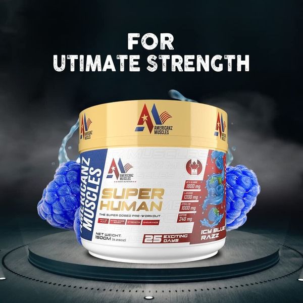 Muscles Super Human PreWorkout Energy Instant Strength Gains 150GM Icy Blue Razz