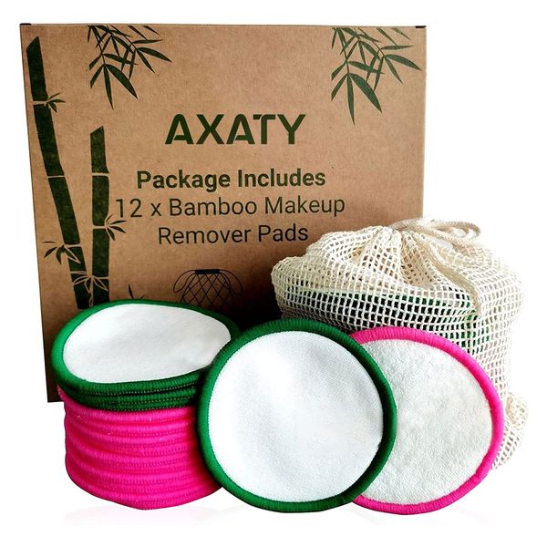 AXATY 3-Layers 12 Reusable Makeup Remover Pads-Organic Bamboo Cotton Rounds Eco-Friendly Reusable Face Pads Makeup Remover for All Skin Types with Cotton Draw String Laundry Bag (8cm) (12 Pads Pack)