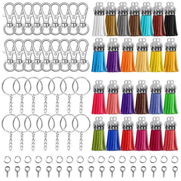 Keychain Tassles, Cridoz 300pcs Bulk Keychains Ring Set Includes 50pcs Tassels, 50pcs Keychain Clips, 50pcs Key Chain Rings, 100pcs Jump Ring 50pcs Screw Eye Pins for Acrylic Blank Keychains Crafts