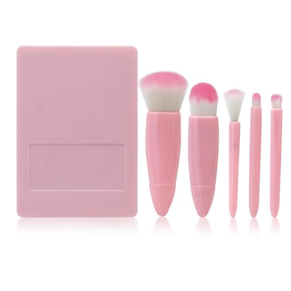 LuckyOpt 5Pcs Makeup Brushes Set, Portable Make Up Brush with Mirror and Storage Box, Lightweight Brush Set for Short Journeys, Business Trips, Vacations and Daily Use (pink)