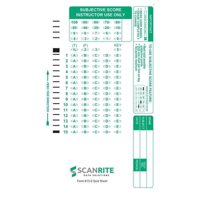 ScanRite 815-E Scantron Compatible Quiz Sheet. 15 Questions.