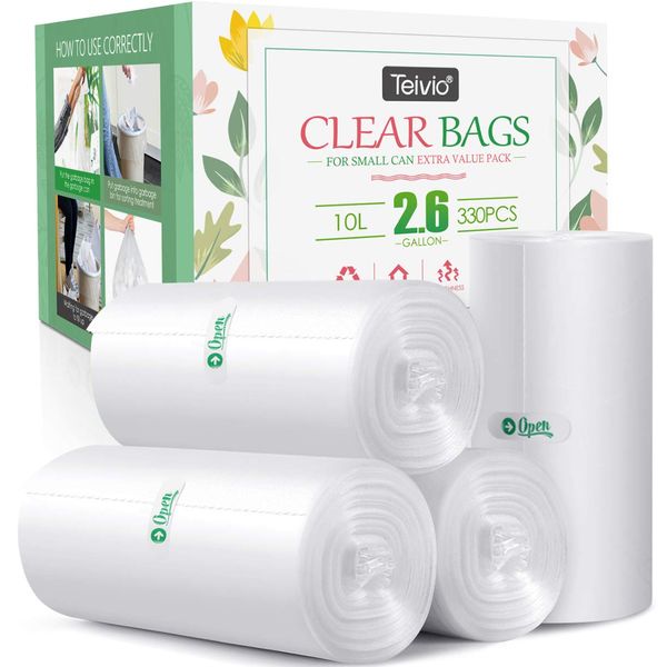 330 Counts Strong Trash Bags Garbage Bags by Teivio, Bathroom Trash Can Bin Liners, Small Plastic Bags for home office kitchen (2.6 Gallon)