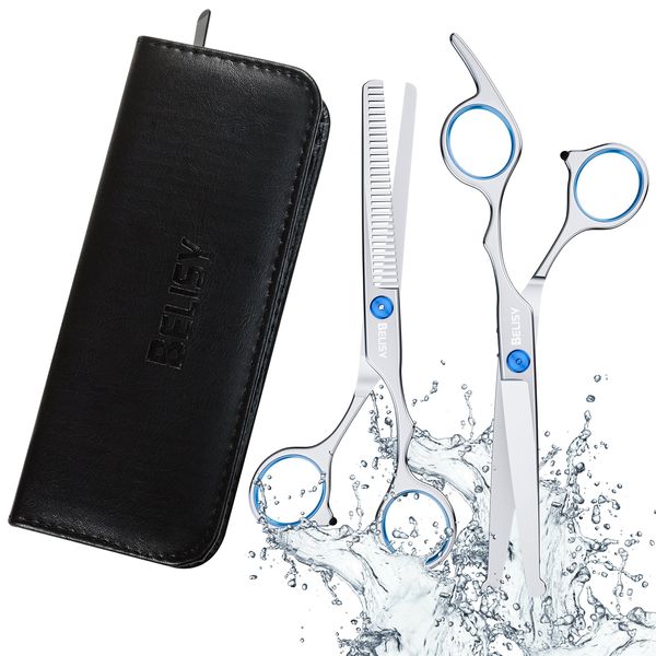 BELISY Dog Grooming Kit Scissor Set With Elegant Leather Case | 2-in-1 Dog Grooming Scissors | Thinning and Straight Scissors