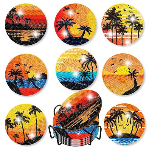 8 pcs Diamond Painting Coasters | Diamond Art Coasters | Sunset Diamond Art Painting | Perfect Art Craft Gift for Sunset Lover, Dad, Mom, Grandparents, Brother, Sister.