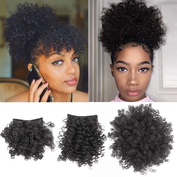 Afro Puff Drawstring Ponytail with Bangs Pineapple Updo Hair for Black Women,Short Kinky Curly Ponytail Bun with 2 Replaceable Bangs(#1B-Black)