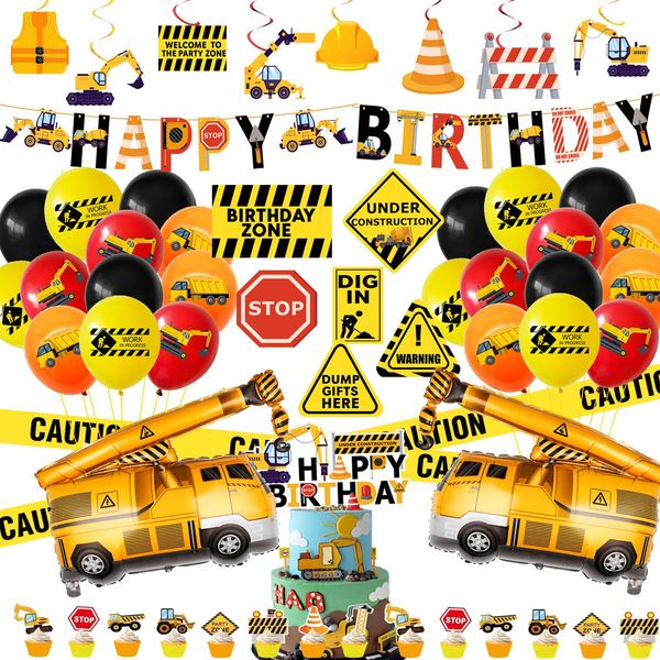 67pcs Construction Birthday Party Supplies Set Includes Birthday Banner 8 Hanging Swirls Construction Party Sign Construction BalloonsCake Toppers Caution Tape Dump Truck Party Decorations for Boys