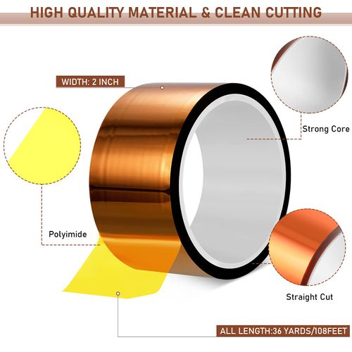 2 Rolls Heat Tape 50 mm x 108 ft High Temperature Polyimide Tape, 500 Fahrenheit Degree Heat Resisitant Heat Transfer Tape Adhesive Tape for Soldering, Electrical, Masking, 3D Printer Application