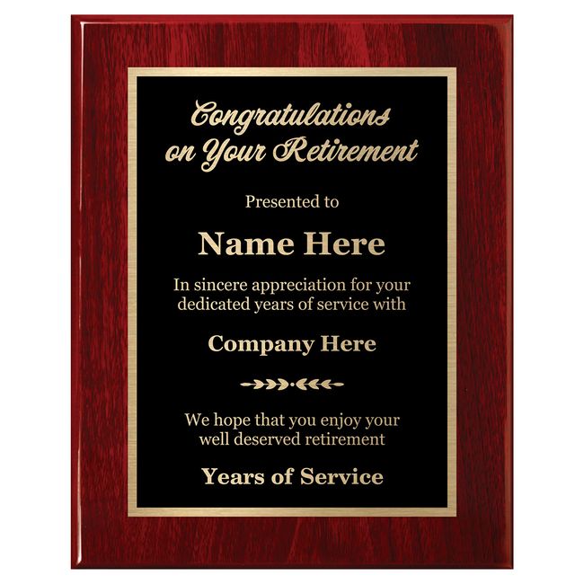 Customized Retirement Plaque 8x10 Executive Series, Personalized Award for Employees, Mahogany Piano Wood Board, Customize Now!