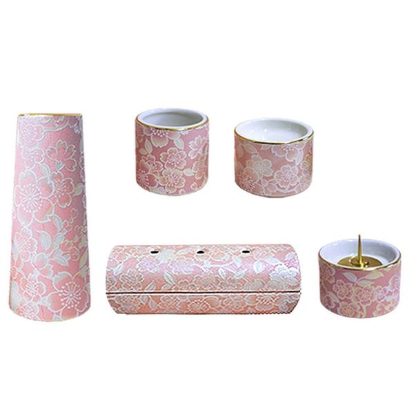 Ceramic Modern Buddhist Utensil 5-Piece Set "Yui Flower" (Horizontal Tube Incense Burner) Cherry Blossom (j1272-1-5)