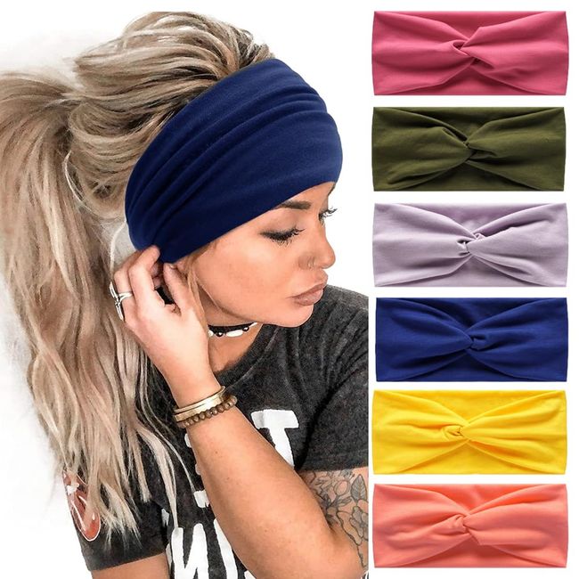 6Pcs Womens Hairband Bandana Hair Accessories for Women Adult Boho Elastic Turban Wide Non Slip Hair Scarf Ladies Headbands for Short Hair (Solid)