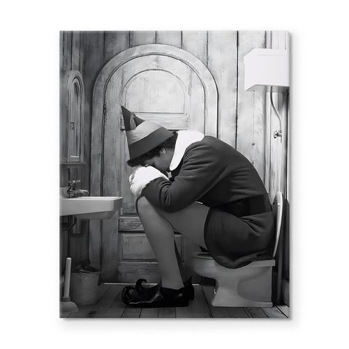 B.B.F MAKE Funny Framed Canvas Wall Art Bathroom Decor Black and White Comedy Elf Movies Poster Bathroom Oil Painting Modern Toilet Artwork for Living Room Dorm Wall Home Decoration, (8x10inch)