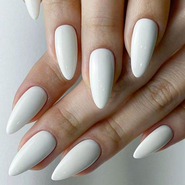 GLAMERMAID Press on Nails Almond?White Medium False Nails Press ons?24Pcs Glossy Full Cover Glue on Nails?Reusable Acrylic Stick on Nails Tips Manicure Gift for Women Girls