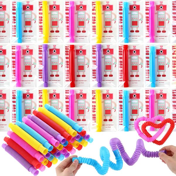 JellyArch 50 Sets Valentine's Day Cards with Pop Tubes Valentines Party Favors Gifts Cards Stress Relief Fidget Gifts for Non Candy Exchange