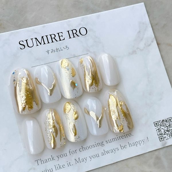 Nail tip false nails bridal nails cute short long design summer nails nail present short nails small nails big nails berry short chibi nails adult nails false nails office nails simple [1883] white mirror nail gold