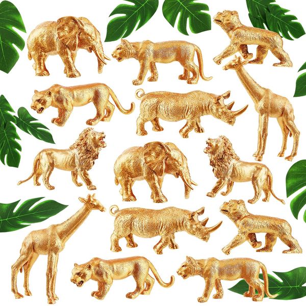 26 Pieces Gold Animals Figures Toys Set 14 Pcs Plastic Safari Figures 12 Pcs Faux Tropical Palm Leaves Kids Birthday Cake Topper (Safari Animal)