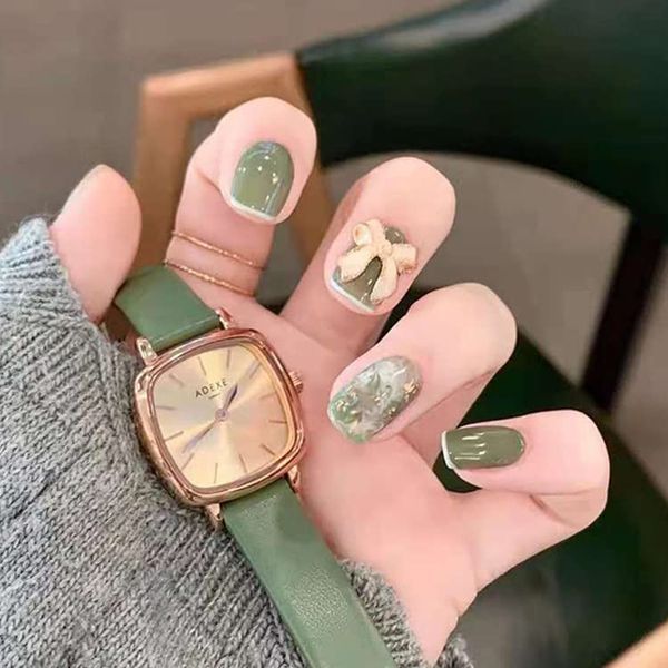 AAGWW Nail Tips, Berry Short, False Nails, Short, Coming-of-Age Ceremony, Mat, False Nails, Cute, Beautiful Shell Supplies, Workshop, Glue Design (Color: Milky Green Dyed Ribbon, Product Contents: 24 Nail Art + Glue)