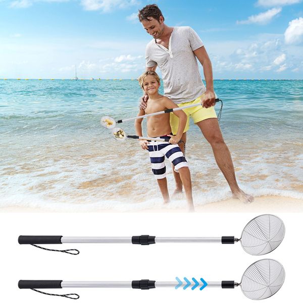 Biggun 2 Pack Sand Sifter for The Beach-22in~34.6in Adjustable Beach Mesh Shovel for Shark Teeth Seashell Collecting, Shell Scooper with Retractable Long Handle, Beach Toys for Kids Boys Girls Adults