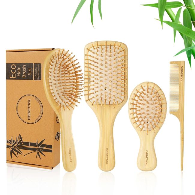 Bamboo Hair Brush Comb Set for Women Men Kids Bamboo Wood Tooth Brush Tail Comb