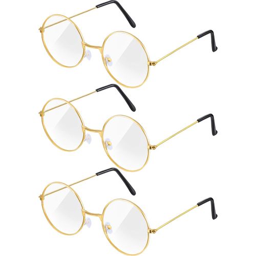 Frienda 3 Pairs Old Man Costume Glasses Santa Glasses Gold Round Glasses Clear Lens Glasses for Men Women Christmas Dress Up Accessories