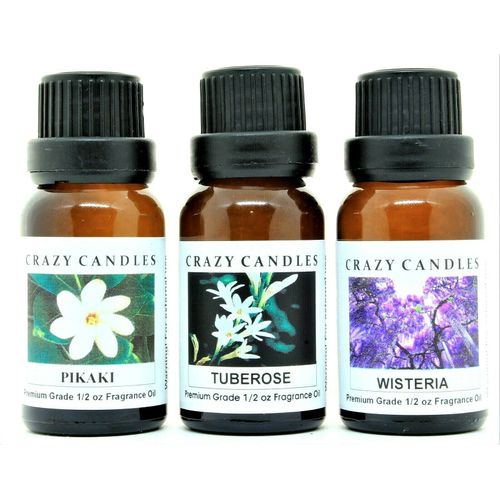 Crazy Candles 3 Bottles Set, 1 Pikaki, 1 Tuberose, 1 Wisteria 1/2 Fl Oz Each (15ml) Premium Grade Scented Fragrance Oils