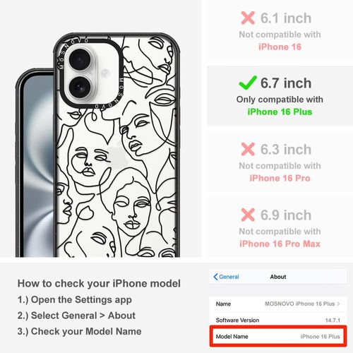 MOSNOVO Case for iPhone 16 Plus, [10ft 4X Military-Grade Drop Protection] Durable & Shockproof Phone Case Cover Design for iPhone 16 Plus - Abstract Face Line Art - Clear Black