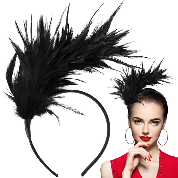 20er Jahre Accessoires Stirnband Schwarz, 1920er Accessoires Damen Feder Haarreif Haarschmuck, Gatsby Accessoires Damen Kopfschmuck Fascinator Feather Haarband Hochzeit Fasching Party Kostüm