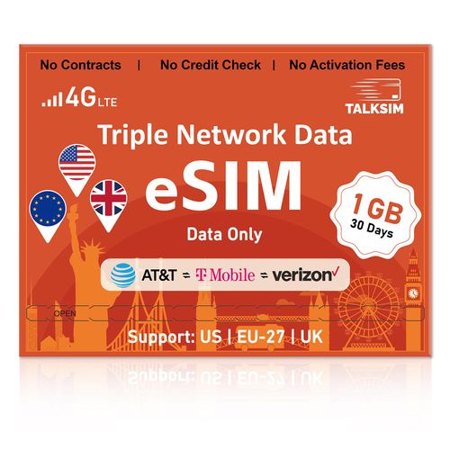 eSIM Card 1GB 30Days, Global Travel eSIM for Europe/USA/UK, Prepaid Data Only eSIM Compatible with Android Unlocked Phones and IOT Devices, No Contract No SIM Card