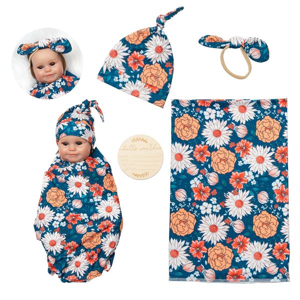 Reborn Baby Doll Swaddle Blanket Hat Set 80CM Square Receiving Blanket for 17-22 Inch Baby Dolls Clothes Accessories Bath Essentials 4 Pieces of Pack