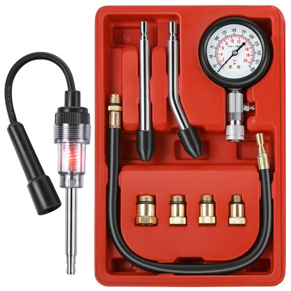 Fiada 9 Pieces Automotive Compression Tester Kit and Spark Plug Tester, Universal Car and Motorcycle Engine Testing Tools for Cylinder Pressure Gauge (Red)