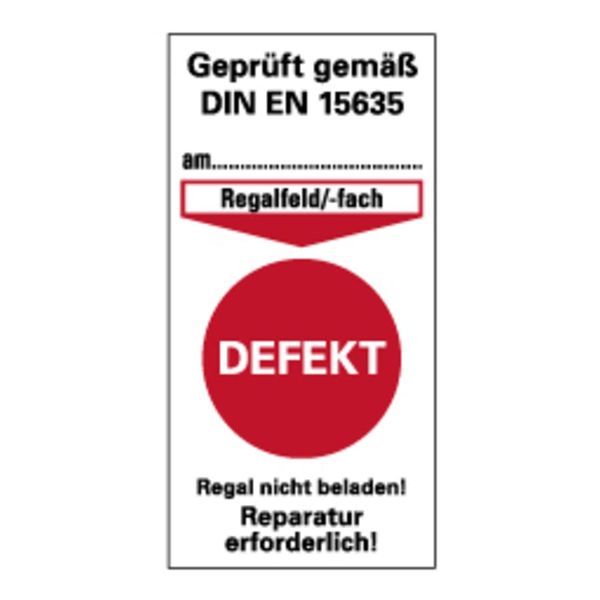 Aufkleber Prüfplakette „Prüfung gem. DIN EN 15635 – DEFEKT“ Regalkennzeichnung Folie | Größe wählbar Made in Germany, Größen Name: 16x8cm