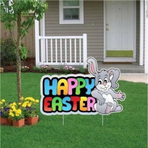 Easter Yard Decoration - "Happy Easter" with Gray Easter Bunny (single with 2 sh
