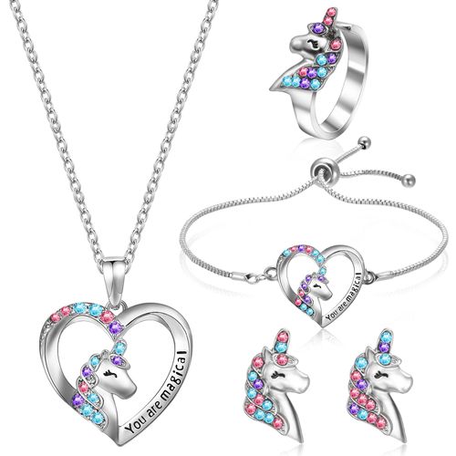 FANTESI Unicorn Necklace Bracelet for Girls Unicorn Ring Earrings Heart Necklace Children's Jewellery Set with Gift Box for Children Daughter, Glass