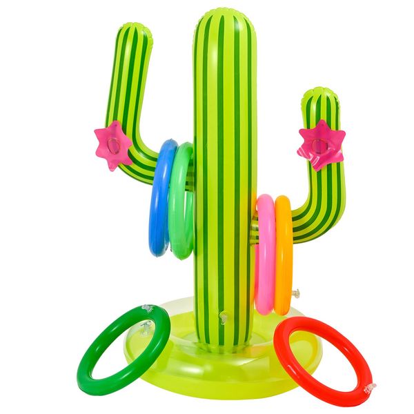 NAUZE 7 Pieces Cactus Ring Toss Game Set Inflatable Cactus with 7 Rings for Hawaii Party Decor Swimming Pool Toy