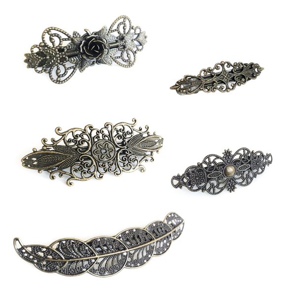 Pack of 5 Vintage Hair Clips, Vintage Bronze Hair Clips, Metal French Hair Pins for Women or Girls Valentine's Day (Roses, Vine, Crowns, Hearts, Flowers of Stars)