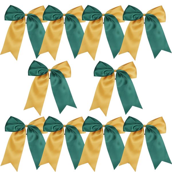 8 Inch 2 Colors Jumbo Cheerleader Bows Ponytail Holder Cheerleading Bows Hair Bow (Forest green/Gold)