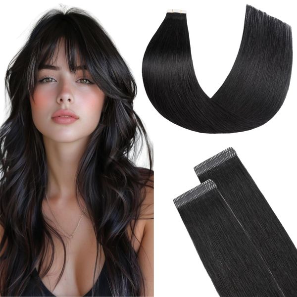 FUOTONBUTY Tape Extensions Echthaar Doppelt Genäht, Schwarz Tape in Extensions Echthaar, 20 Stück 50g Invisible Tape Extensions, Tape on Extension Echthaar 40cm