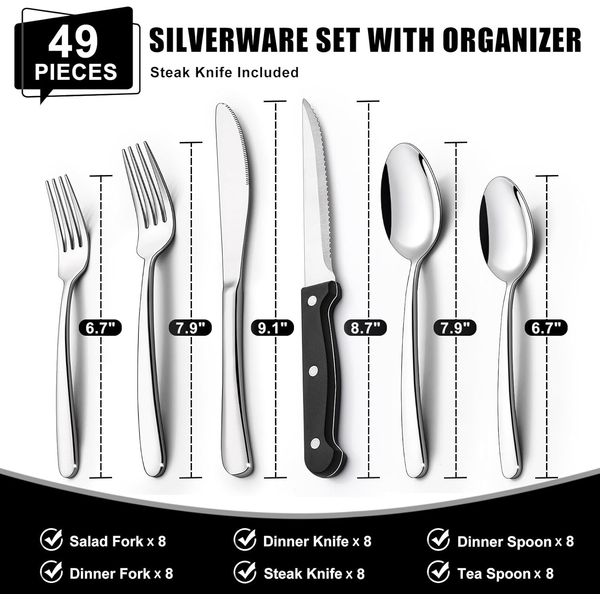 49 Piece Silverware Set with Organizer Heavy Duty Stainless Steel Flatware