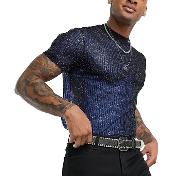 AIEOE Men's Sexy Glitter Look T-Shirt Breathable Clubwear Gauze Top, blue, M