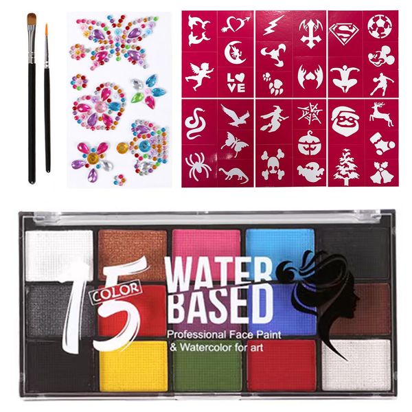 Face Paint Kit, 15 Color Face Painting Palette with 2 Brushes 6 Stencils and 1 Gem Sticker, Safe Body Face Painting Kit, Washable Face Paints for Children Adults Halloween Face Paint