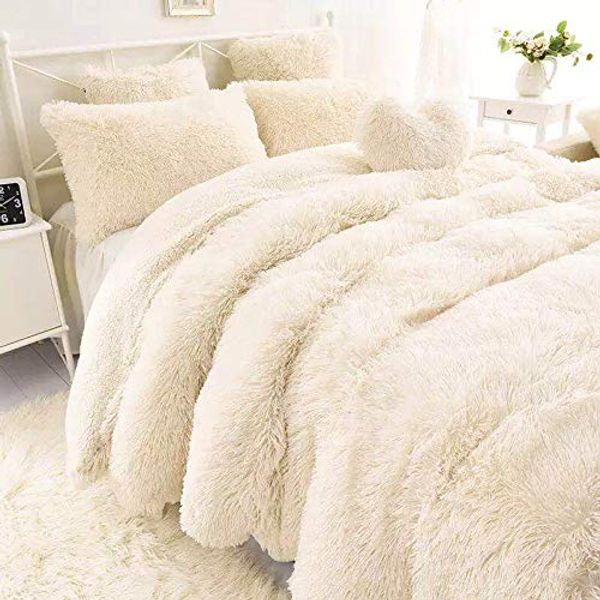 Medium Fluffy Warm Sleep Soft Duvet Cover Sheet Pillowcase Set (Cream, Semi-Double)