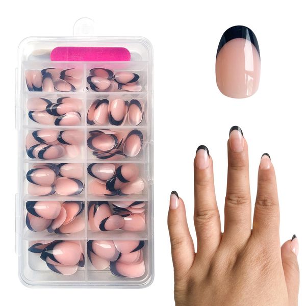 ZAHRVIA French Press on Nails Kit, 120Pcs Short Ellipses Fake Nails French Black Tip Nude Color False Nail Glossy Full Cover (French-Short Ellipses Black)