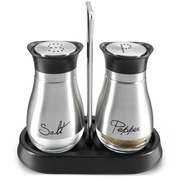 Juvale Stainless Steel Salt and Pepper Shakers Set with Holder, Refillable, Clear Glass Bottoms, Screw-Off Perforated "S" and "P" Caps for Kitchen Table Decor (4oz)