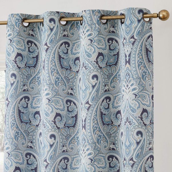 HLC.ME Paris Paisley Decorative Print Damask Pattern Thermal Insulated Semi-Blackout Energy Savings Room Darkening Grommet Window Curtain Panels for Bedroom - Set of 2 (50 W x 96 L Long, Blue)