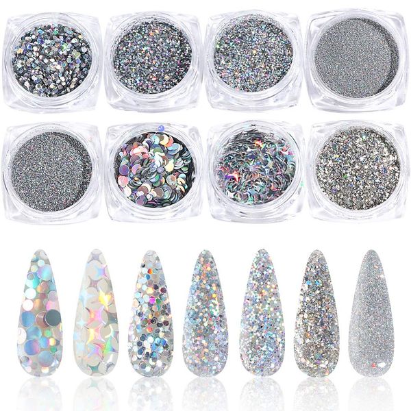 Holographic Nail Art Sequins Glitter Kits, KISSBUTY 8 Boxes Holographic Nails Powder Nail Art Sequins Metallic Shining Flakes Silver Nail Glitter Set for Nails Art Decoration Holographic Manicure