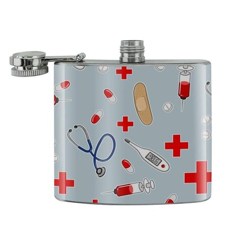 Nurse Doctor Pattern Healthcare Stethoscope Thermometer Stainless Steel 5oz Hip Drink Kidney Flask